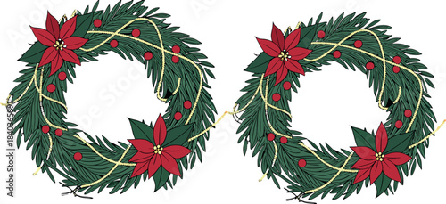 Set of Two Detailed Christmas Wreaths with Pine Branches, Red Poinsettia Flowers, Red Berries, and Draped Gold Garland