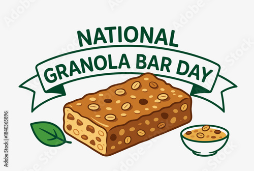 A cartoon illustration celebrating National Granola Bar Day with a granola bar, a leaf, and a bowl of oats.