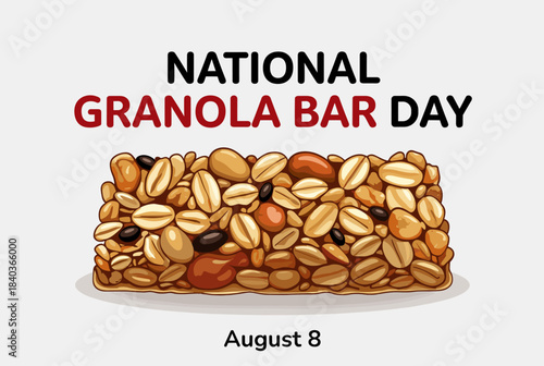 An illustration celebrating National Granola Bar Day on August 8, featuring a detailed image of a granola bar made with oats, nuts, and seeds.