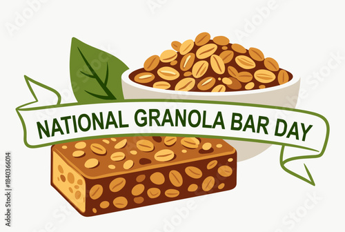 An illustration celebrating National Granola Bar Day, featuring a delicious granola bar, a bowl of oats, and a green leaf.