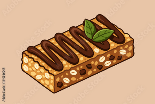 An isometric illustration of a granola bar topped with chocolate drizzle and fresh mint leaves.
