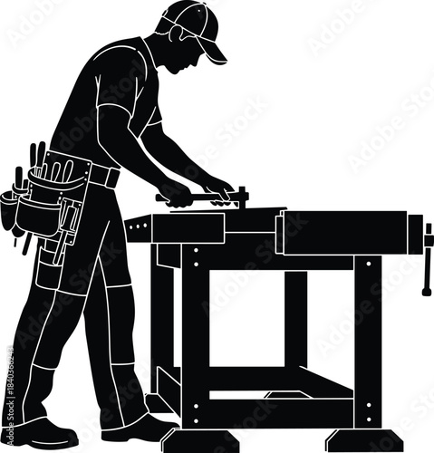 Workbench worker silhouette, hand tool action, craftsmanship pose, manual labor, tool belt, vise grip, cad drawing flat vector illustration