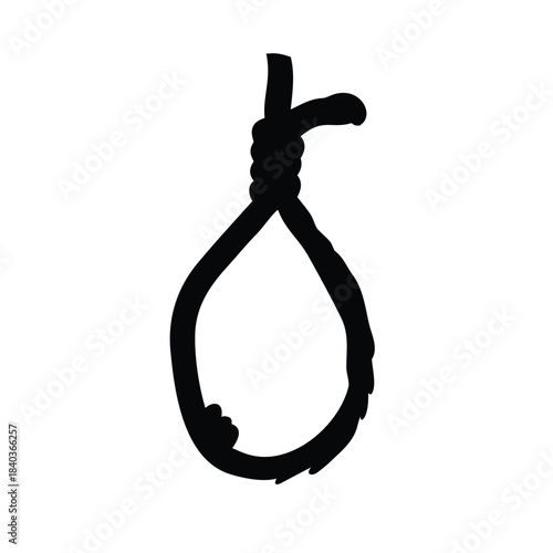 A black rope forms a noose with a loop against a white background.