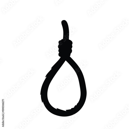 A black silhouette of a noose hangs against a white background, symbolizing despair or a difficult situation.