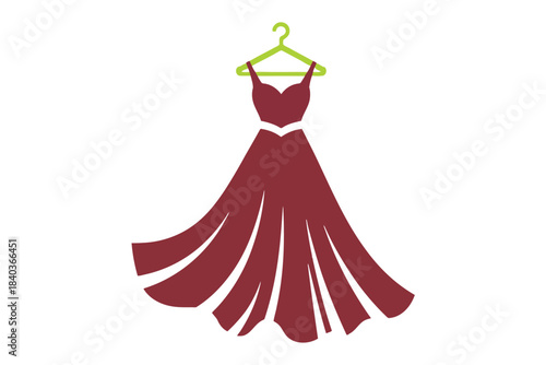 Burgundy evening gown with flared skirt on green hanger swirl traditional bridal white background burgundy dress