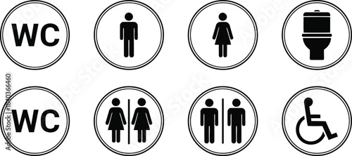 Collection of black restroom signage icons in oval frames