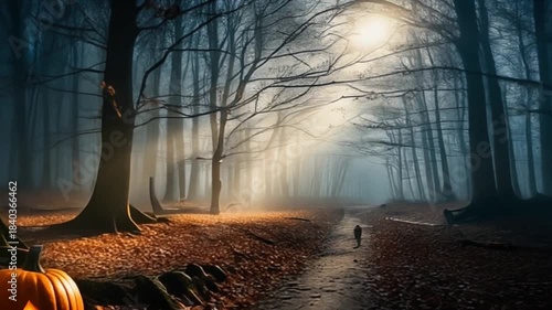 Spooky Halloween Forest Path with Glowing Pumpkin and Figures.