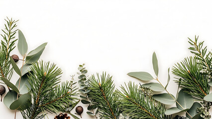 Minimalist Natural Christmas Border with Pine, Eucalyptus, and Cones