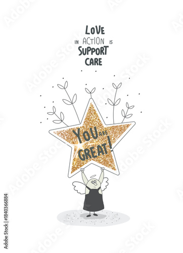 Vector hand drawn cartoon sketch of Angel who holds a star as a sign of support and faith in your strength and success. Concept of philanthropy and support. 