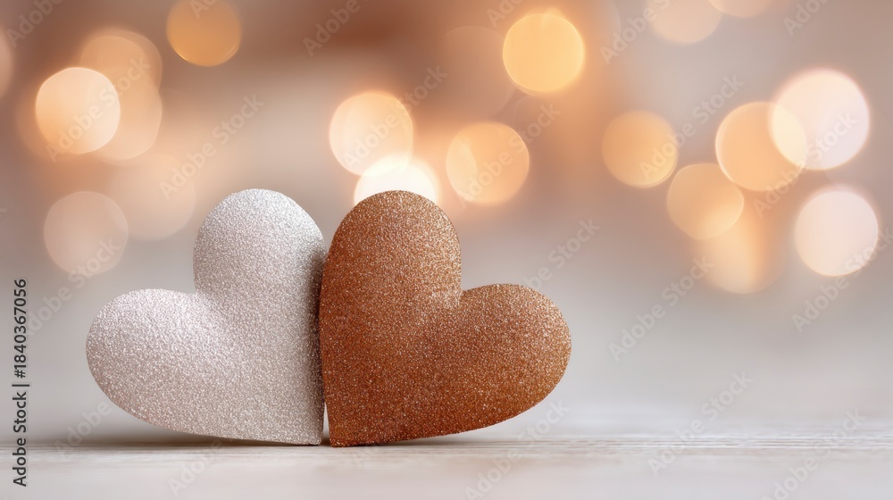 Fototapeta premium Hearts in sparkle sit on a table with soft lights in the background during a celebration or gathering