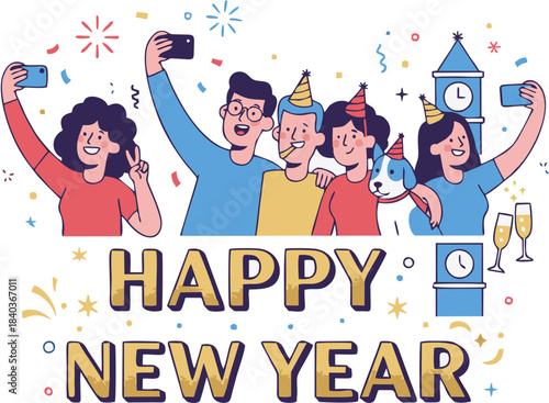 Joyful group of friends celebrating New Year's Eve, capturing happy memories with smartphone selfies amidst festive decorations