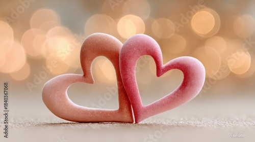 Two heart shapes in pastel colors sit together with soft lights in the background during a celebration of love and friendship