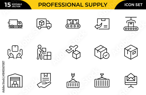 Professional supply chain logistics line icon set. Modern clean vector illustrations representing delivery, global trade, shipping, and cargo management.Thin outline icons pack. Vector illustration