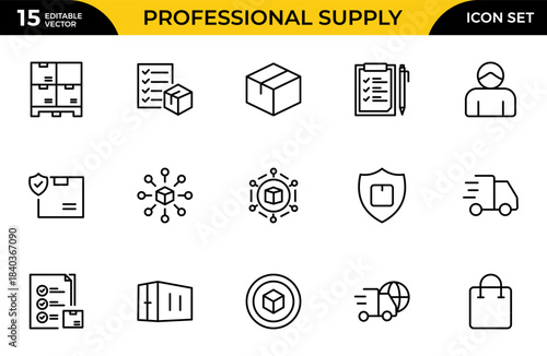 Professional supply chain logistics line icon set. Modern clean vector illustrations representing delivery, global trade, shipping, and cargo management.Thin outline icons pack. Vector illustration