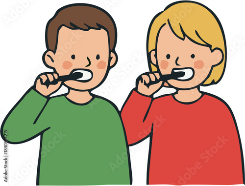 Cute cartoon illustration of two happy children, a boy and a girl, actively brushing their teeth, showcasing good dental care and early childhood hygiene education