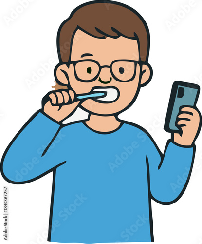 Man Brushing Teeth While Looking at His Phone