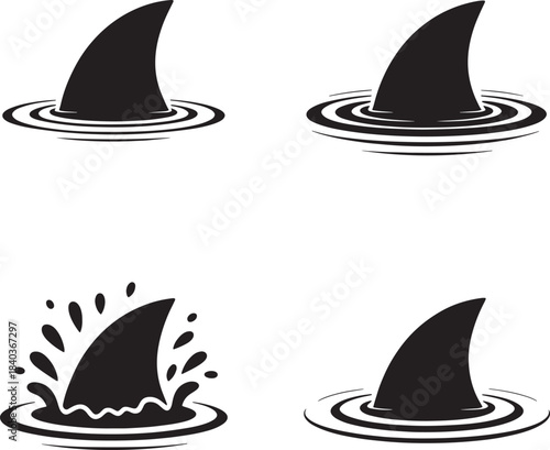 Shark fin icons set in water ripples