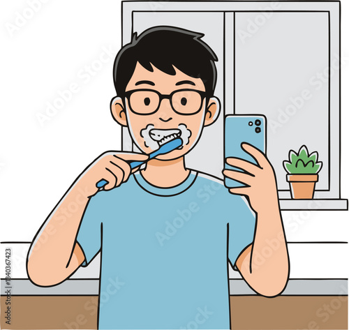 Man Brushing Teeth While Holding Smartphone and Smiling