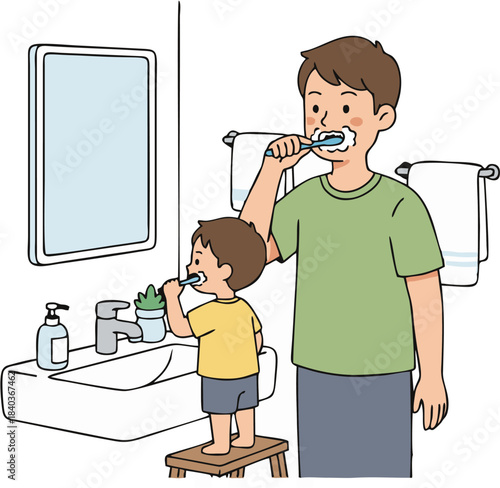 Father and son brushing teeth together in the bathroom