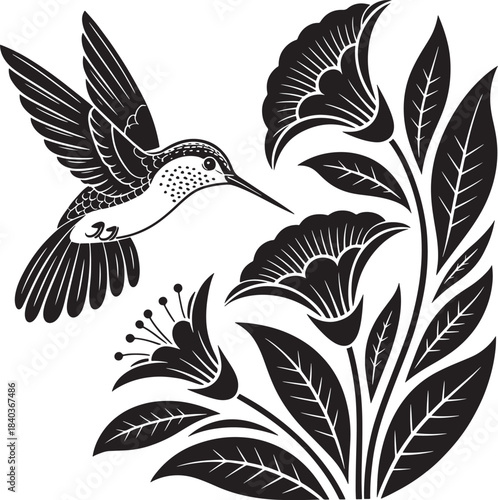 Black and white engraving of a hummingbird approaching flowers