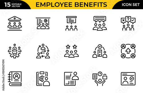 Employee Benefits line icon set. Contains such symbols as sick, benefit, employment, personal, holiday and more. Thin outline icons pack. Vector illustration