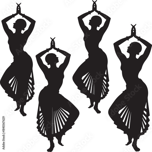 Four silhouettes of indian classical dancers in bharatanatyam pose