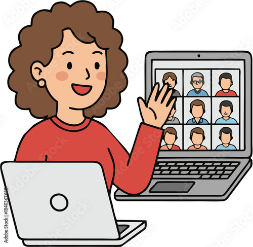 Remote team meeting via laptop, a woman waving during a video conference call with colleagues