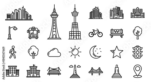 Collection of Cityscape and Urban Element Line Art Icons.