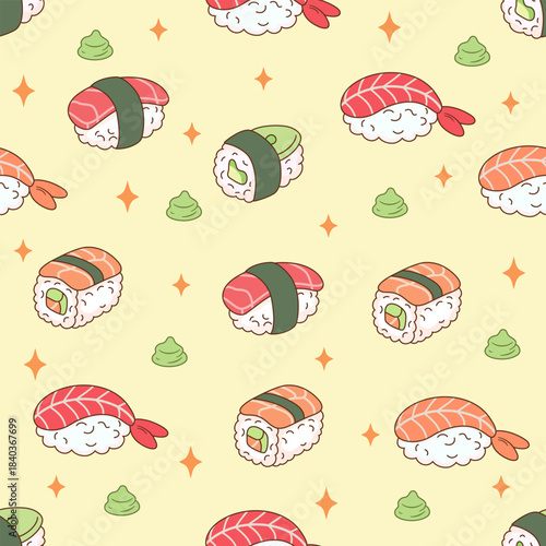 Cute Sushi Seamless Pattern. Kawaii Japanese Food Background. Sushi and Wasabi Doodle Repeat. Pastel Yellow Nigiri and Maki Pattern. Happy Sushi Rolls and Sashimi Background.