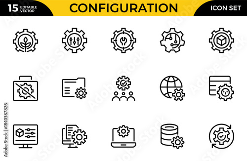Configuration outline icon set. Included machine, repair, service, maintenance, configuration. Thin outline icons pack. Vector illustration