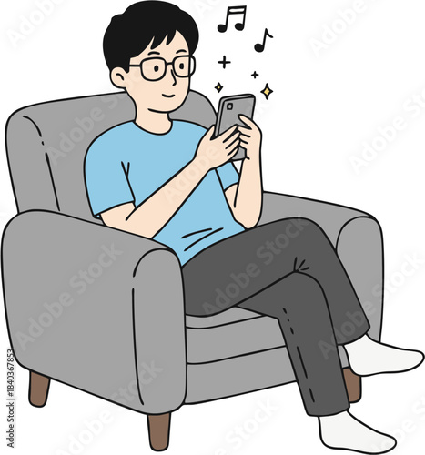 A man in glasses, wearing a blue t-shirt and grey pants, relaxes on a comfortable grey armchair, engrossed in his smartphone with musical notes floating around him