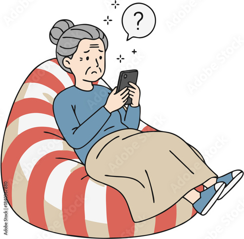 Elderly woman confused by smartphone, seeking assistance with technology in a relaxed setting
