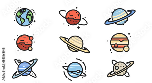 Collection of Colorful Cartoon Planets with Rings and Moons.