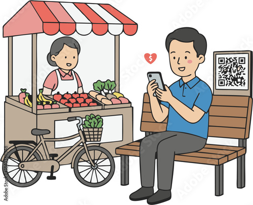 Customer paying for fresh produce from a street vendor using a mobile payment app with a QR code