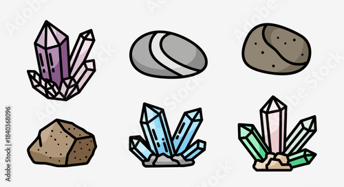 Collection of Colorful Crystals and Stones in Cartoon Style.