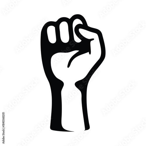 A black and white illustration of a raised fist symbolizes power and solidarity.