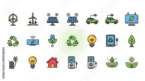 Collection of colorful eco-friendly icons representing renewable energy and sustainability.
