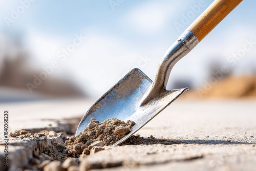 Shovel and dirt on surface during outdoor construction work in a sunny environment with blurred background