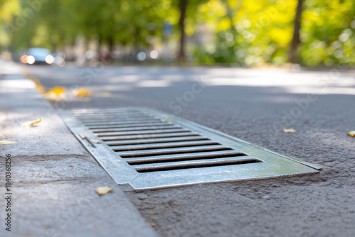 Drain cover on a city street with trees in the background during daytime in a busy urban area
