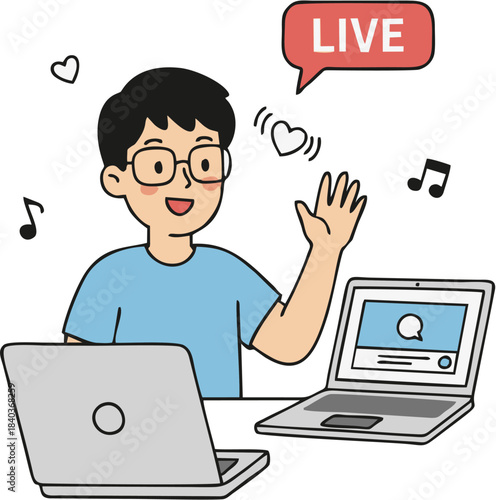 Joyful male content creator actively engaged in a live streaming session, communicating with an online audience from his desk, surrounded by digital media