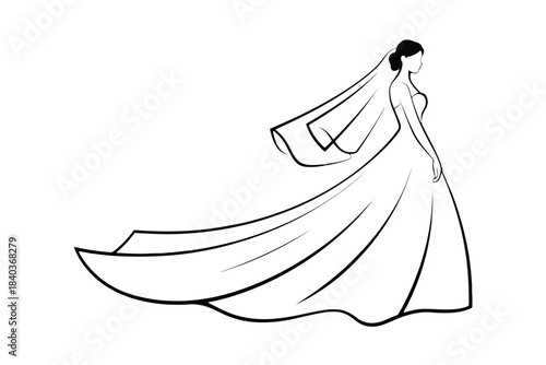 Swirl traditional bridal Black and white line drawing of a bride in a flowing wedding dress and veil