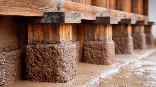 Wooden pillars support a structure above wet soil in a construction area at sunset