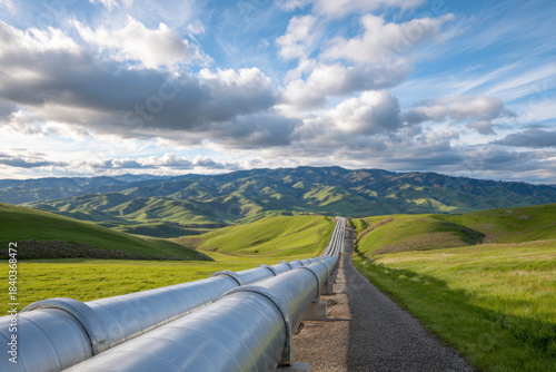 Pipes extend along a winding pathway through green hills under a cloudy sky in a rural area