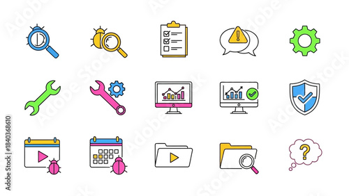 Collection of colorful icons representing software testing and quality assurance.