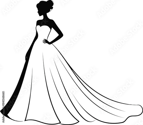 Swirl traditional bridal Black and white silhouette of a bride in a traditional wedding dress with a long flowing train