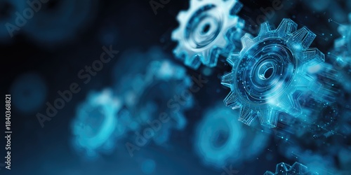 Floating, interconnected, digital gears in shades of blue with particle trails