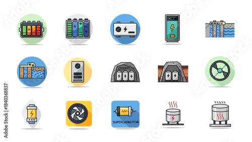 Collection of colorful industrial and technological icons.