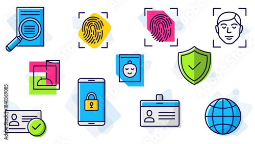 Collection of colorful security and identification icons for various applications.