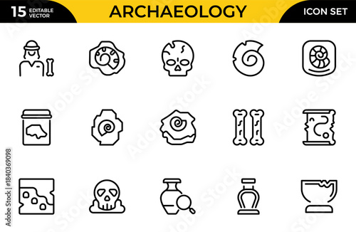 Archaeology line icon set. Contains such icons as archaeologic, mediaeval, antiques, exhibition, art and more. Thin outline icons pack. Vector illustration