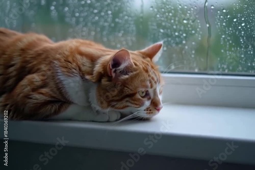 Close-up of a fluffy, brightly colored cat relaxing by a rainy window.